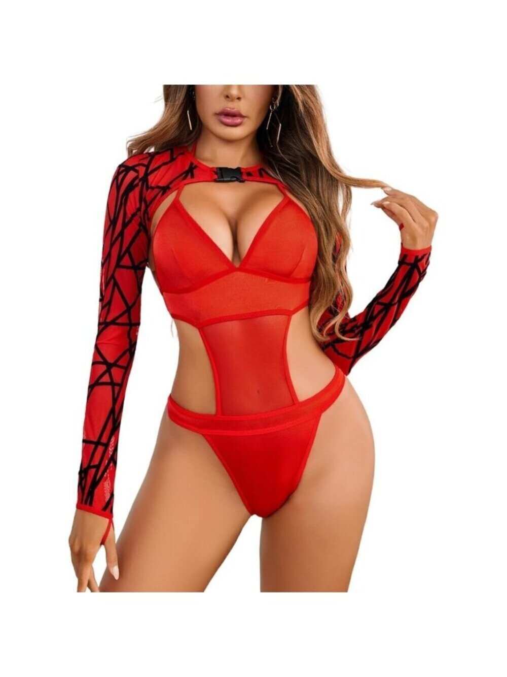 Women Red Festival Sexy Lingerie Bodysuit Buckle Shrug Crop Top Set Outfits